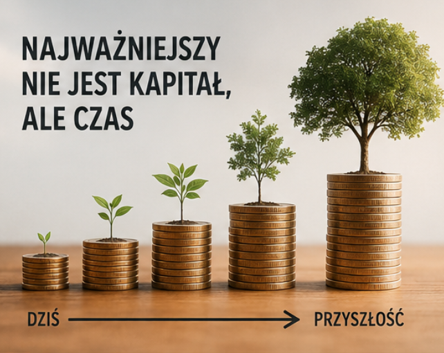 Roślina wyrastająca z monet symbolizująca długoterminowe inwestowanie.