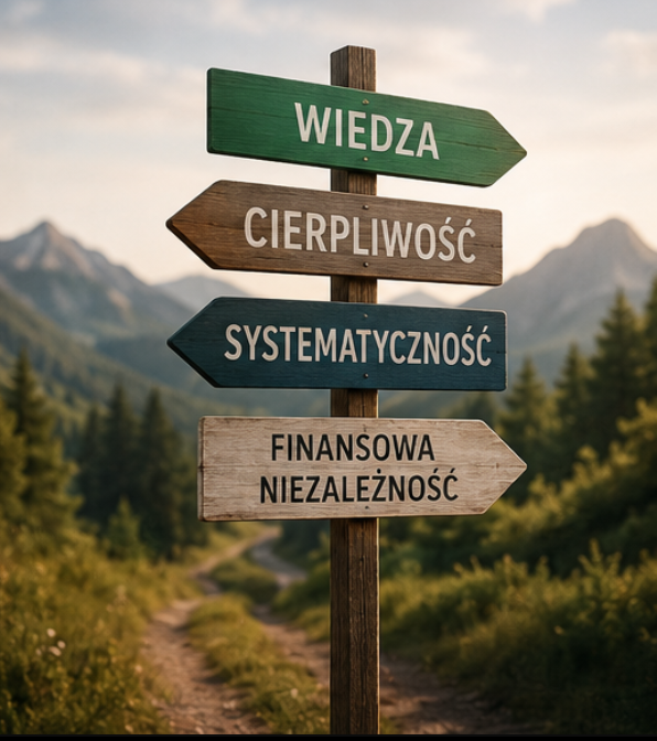 Drogowskaz symbolizujący wiedzę, cierpliwość i systematyczność w inwestowaniu.